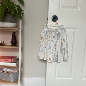 Girls' White Cat-Print Circle Skirt with Light Blue Accents